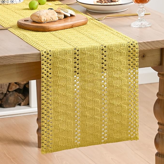 Artoid Mode Yellow Farmhouse Woven Rustic Hollow Table Runner, Seasonal Holiday Hollow Kitchen Dining Table Decoration for Home Party Decor 12x48 Inch