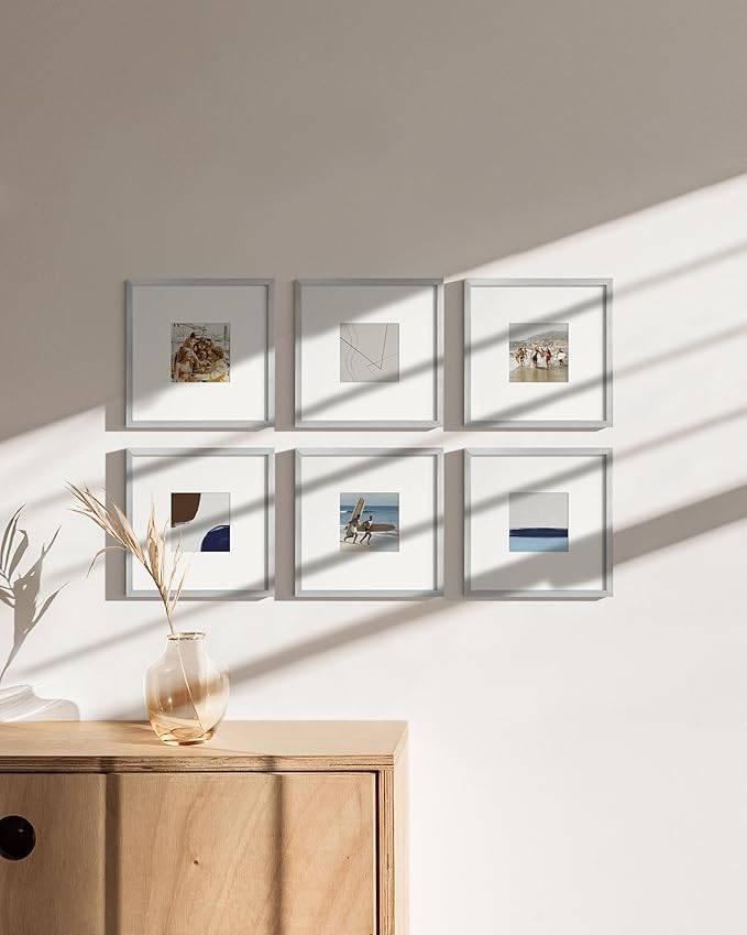 HAUS AND HUES 8x8 Silver Metal Picture Frames Matted to 4x4 - Premium Aluminum with Hanging Hardware, Shatterproof Plexiglass - Ideal for Home or Office (8x8 in, Silver, Set of 6)