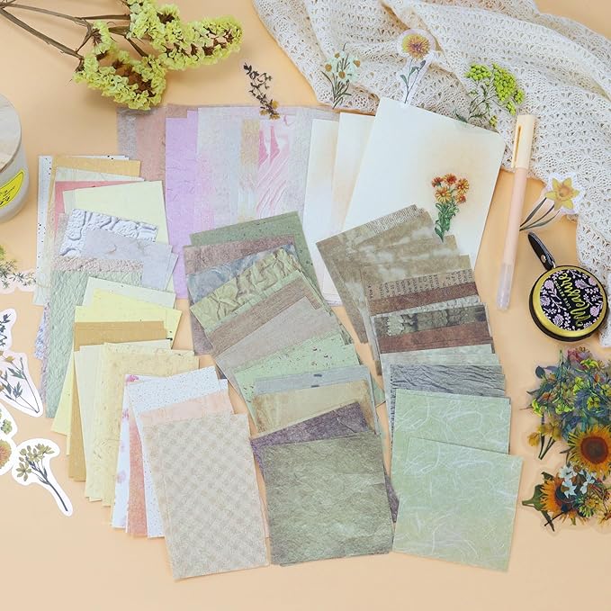 Koqye 215PCS Aesthetic Scrapbook Paper Pack, Junk Journal Supplies Starter Kit with Floral Stickers, Scissor, Quick Dry Glue Pen, Scrapbook Kit for Planner DIY Arts Craft Collage(Tangerine Dream)
