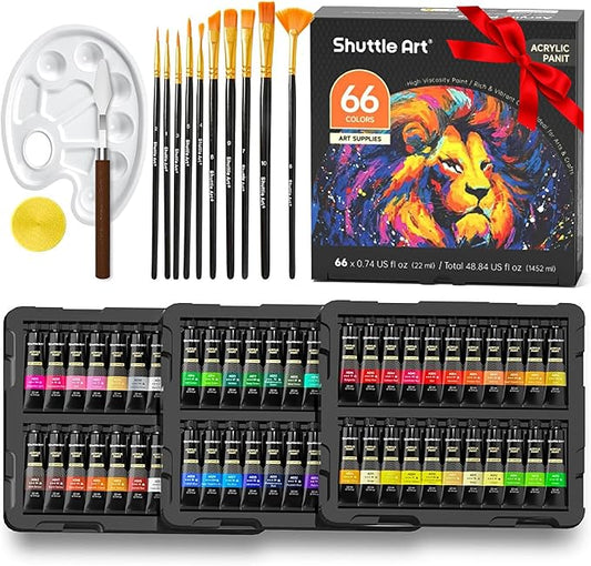 82 Pack Acrylic Paint Set, Shuttle Art 66 Colors Acrylic Paint with 10 Brushes, 22ml/0.74oz Tubes, Vibrant Colors, Artist Painting Supplies for Kids, Adults Painting & Crafting on Canvas, Wood Ceramic