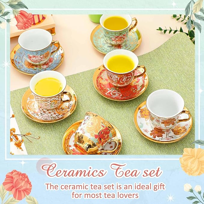 Set of 6 Tea Cups and Saucers Tea Party Decorations Floral Porcelain 5.4 oz British Gift for Women Birthday Party, Church, and Mother's Day (Stylish Style)