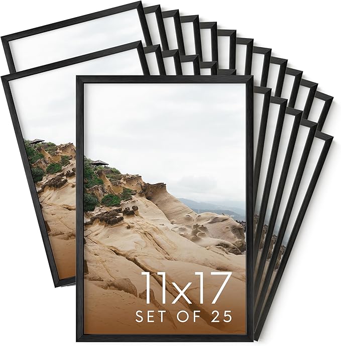 HAUS AND HUES 11x17 Black Metal Picture Frames - Features Premium Aluminum, Vertical & Horizontal Hang, Shatterproof Plexiglass - Ideal for Home, Room, Office (11x17 in, Black, Set of 25)