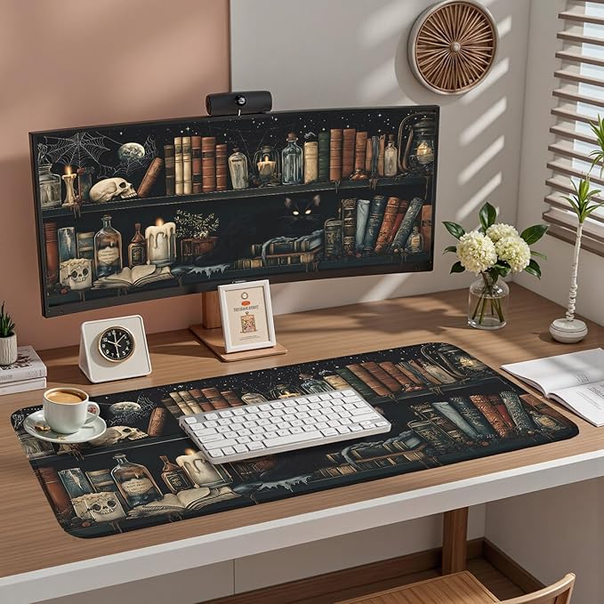 Mystic Grimoire Desk Mat - Black Cat on Bookshelf Large Mouse Pad- Gothic Library with Skull Bottles Extended Desk Pad- Dark Academia Starry Night XL Mouse Pad for Gaming Study Work 31.5 * 15.7in