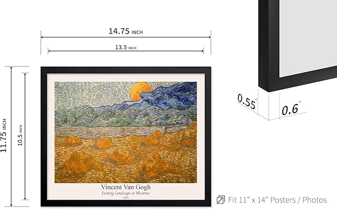 Monem Art Vintage Van Gogh Poster - Retro Evening Landscape at Moonrise Print - Impressionism Art - Fine Art - Classic Painting Art - Aesthetic Living Room Wall Decor - 11x14 Black Framed