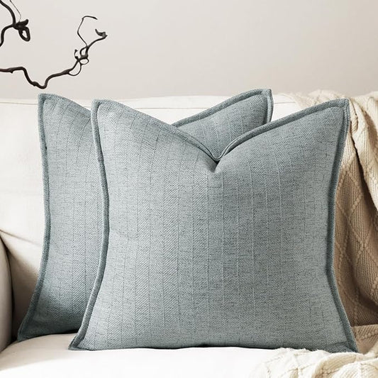 16x16 Linen Pillow Covers Steel Blue Pack of 2 Farmhouse Boho Neutral Accents Striped Textured Square Decorative Throw Pillow Cases for Living Room Couch Bed Home Decor