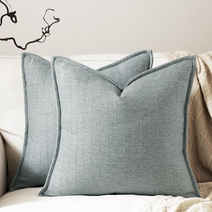 26x26 Linen Euro Sham Pillow Covers Steel Blue Pack of 2 Farmhouse Boho Neutral Accents Striped Textured Square Decorative Throw Pillow Cases for Living Room Couch Bed Home Decor