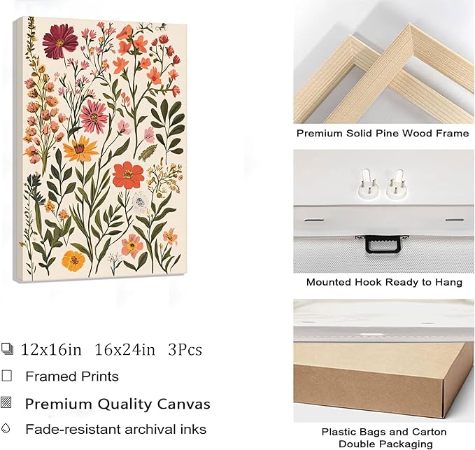 3Pcs Colorful Wildflower Canvas Wall Art Boho Floral Posters Botanical Prints Flowers Painting Wildflower Nursery Pictures Wall Decor for Living Room Bedroom Framed
