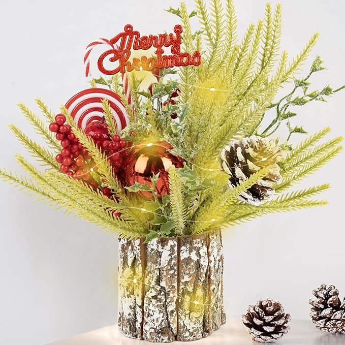 Small Table Top Christmas Tree with Lights, Mini Christmas Tree Decorations with Merry Christmas Candy Canes Pine Cones Berries Balls Ornaments for Home Party Centerpiece Decor, 12Inch, Green