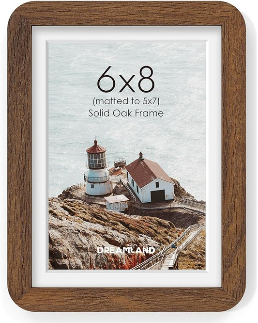 Dreamland 6x8 Picture Frame, Solid Oak Wood Photo Frame with Mat for 5x7, Round Corner 6 x 8 Matted Picture Frames with Resistant Plexiglass for Wall Mounting or Tabletop, Walnut Color, Set of 1