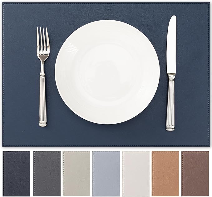 Faux Leather Placemats Set of 12 Vinyl Washable Wipeable Table Mats for Kitchen Dining Table Heat Resistant Waterproof Modern Indoor/Outdoor Placemats Non-Slip Easy Clean Place Mats-Navy Blue