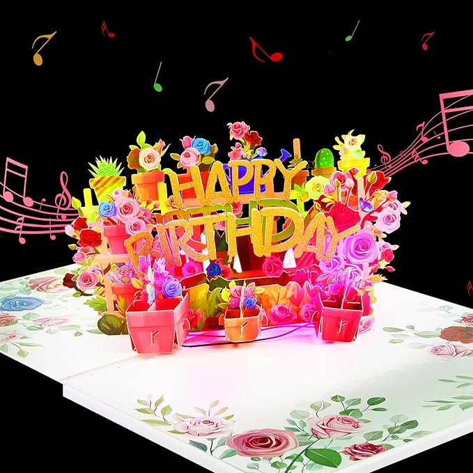 GREETING ART Musical Flower Birthday Card, Light and Music Pop Up Happy Birthday Card, Flower 3D Pop Up Birthday Gift Card for Women Wife Mom Daughter Sister