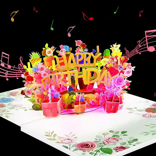GREETING ART Musical Flower Birthday Card, Light and Music Pop Up Happy Birthday Card, Flower 3D Pop Up Birthday Gift Card for Women Wife Mom Daughter Sister