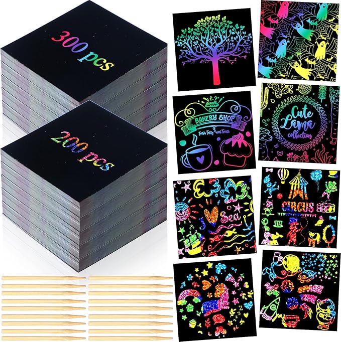 Lenwen 500 Pack Scratch Cards Rainbow Note Scratch Pads with 20 Bamboo Stylus for People Paper DIY Paper Craft Kits Birthday Party Favors Supplies(Rainbow Mix,500)