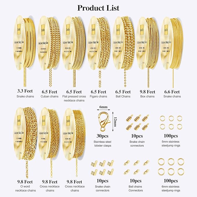 Ecoofor Gold Necklace Chains for Jewelry Making, 75.5 Feet 10 Rolls Jewelry Chains for DIY Necklace Bracelet Jewelry Making with Jump Rings/Lobster Clasps/Connectors