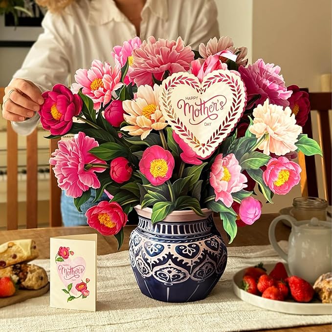 Freshcut Paper Pop Up Cards, Mother's Day Card, Grande Peony Paradise, Happy Mother's Day, 18 Inch Life Sized Forever Flower Bouquet 3D Popup Greeting Card, Gifts for Mom, Blank Notecard & Envelope