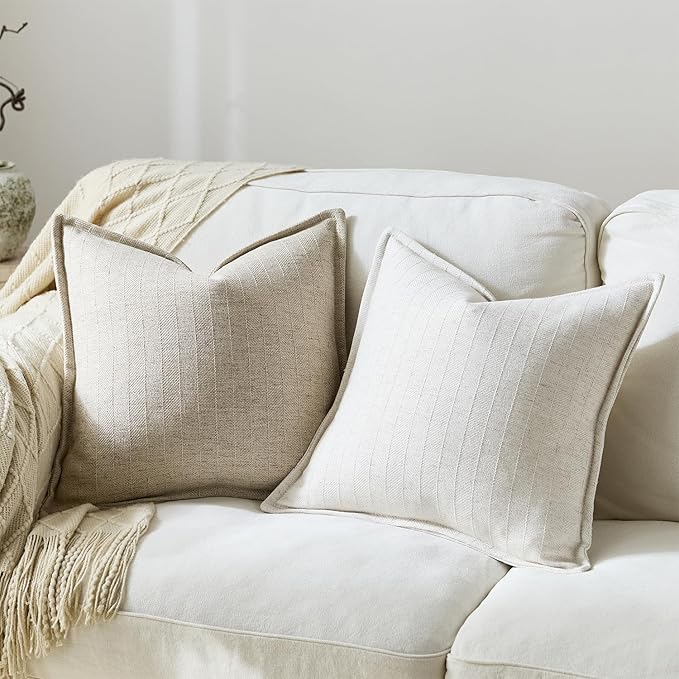 24x24 Linen Pillow Covers Beige Pack of 2 Farmhouse Boho Neutral Accents Striped Textured Square Decorative Throw Pillow Cases for Living Room Couch Bed Home Decor