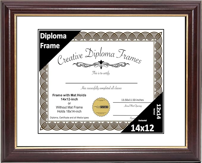 Creative Picture Frames 14x12 Mahogany Gold Rim Diploma Frame with White Mat Glass and Installed Wall Hangers | Frame Holds 14x18 Media without Mat