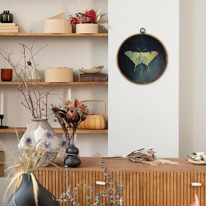 Mcehtle Vintage Butterfly Wall Art Decor, Dark Moody Cottagecore Moth Butterfly Framed Canvas Prints 10x10, Neutral Insect Farmhouse Round Wall Hanging Artwork Decorations for Bedroom Living Room