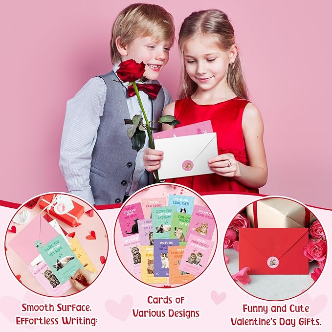 TICIAGA 144pcs Valentine's Day Cat Animal Greeting Card with Envelop and Stickers for Kids, Cute Kitten Catling Pet Notecard Exchange Gift for Boys and Girls School Classroom, Valentines Party Favors