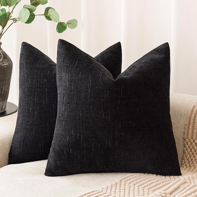 Foindtower Pack of 2 Soft Textured Chenille Throw Decorative Pillow Covers Square Accent Solid Cushion Cover Cozy Farmhouse Pillow Case with Zipper for Couch Sofa Bedroom Living Room 26x26 Inch, Black