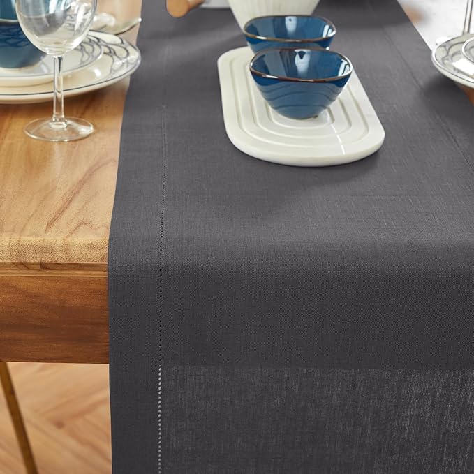 Solino Home Linen Table Runner 60 Inches - 100% Pure Linen Charcoal Hemstitch Table Runner 14 x 60 Inch Ideal for Dresser and Coffee Tables - Medium Weight - Winter