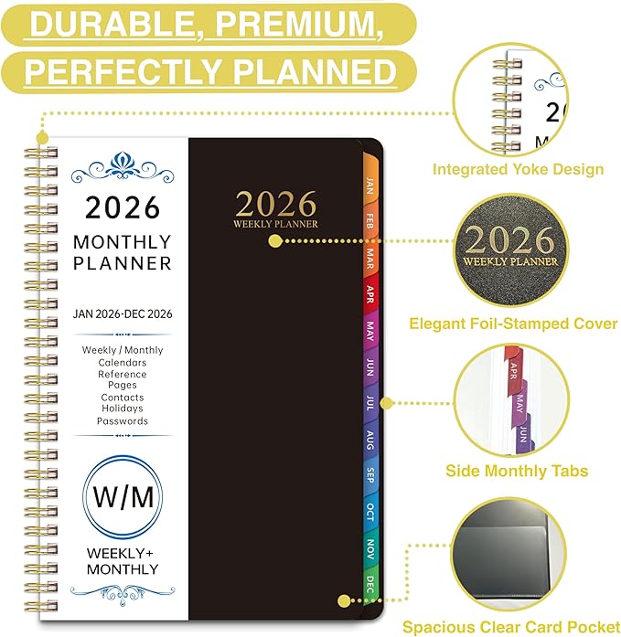 2026 Planner, Weekly and Monthly Planner, January 2026 - December 2026, Calendar Planner A5 (6.5" x 8.5") with Tabs With 8 stickers, Inner Pocket for Home School Office Supplies (Black)