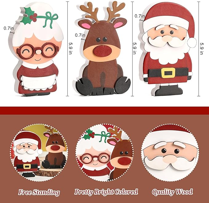 Amorita Wooden Christmas Tiered Tray Decor, 3 Piece Set Santa and Mrs. Claus with Reindeer, Xmas Table Centerpieces -Elegant Santa Christmas Decor for Festive Holiday Table Decorations
