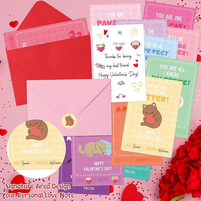 TICIAGA 144pcs Valentine's Day Cartoon Cat Animal Greeting Card with Envelop and Stickers for Kids, Cute Catling Pet Notecard Exchange Gift for Boys and Girls School Classroom Valentines Party Favors