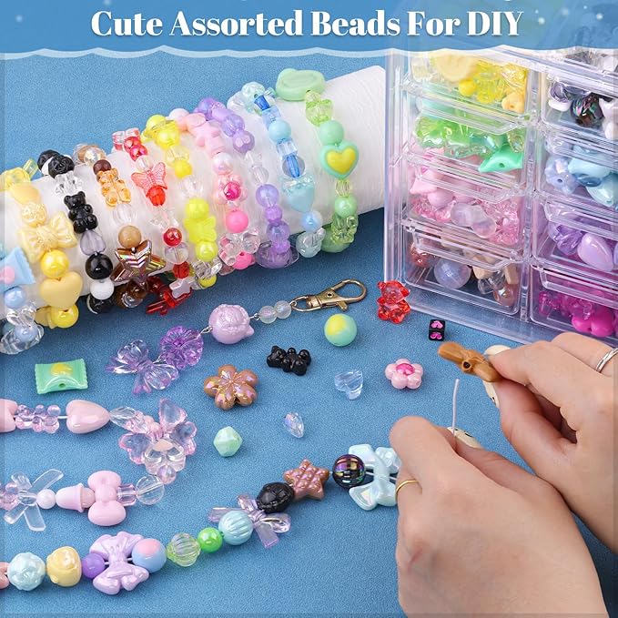 500-550PCS TINKRSTUFF Assorted Acrylic Beads, 8 Colors Mixed Cute Beads for Bracelet Making, Bow Aesthetic GummyBear Flower Butterfly Kawaii Charms for Jewelry Making DIY Necklace Keychain Phone Charm
