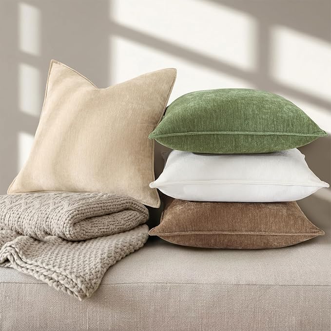 decorUhome Spring Couch Euro Sham Throw Pillow Covers 26x26 Set of 2, Decorative Soft Velvet Neutral Chenille Pillow Covers with Elegant Design for Sofa Bed Living Room Home Decor, Olive Green