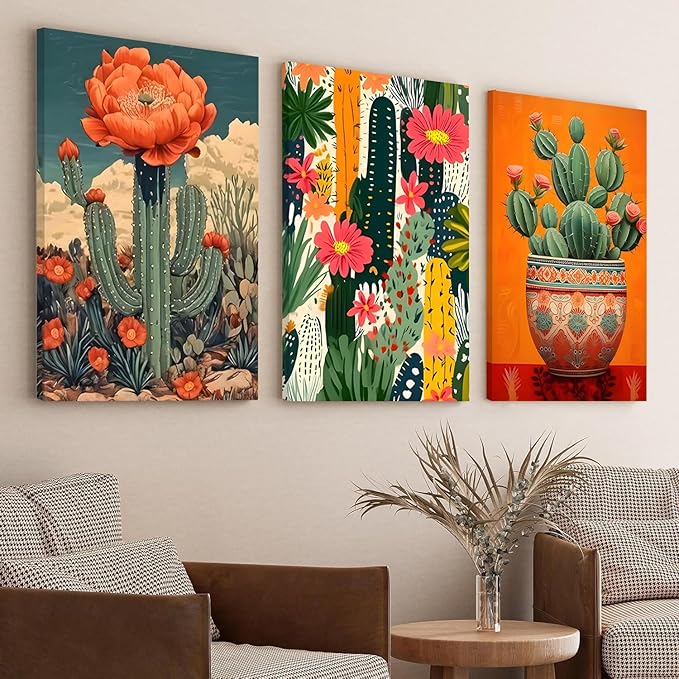 3Pcs Mexican Cactus Floral Wall Art Boho Southwest Succulent Wall Art Decor Tropical Botanical Cactus Desert Art Painting Picture for Bathroom Living Room Bedroom 12x16in Framed