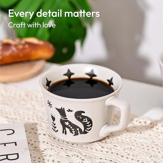 Ceramic Coffee Mug, 12 oz Novelty Unique Teacup with Handle, Stoneware Cup for Tea Mocha Latte Cappuccino Espresso (Set of 4, Fox and Bear)