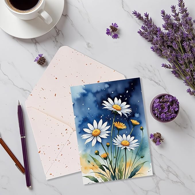 Elegant Blank Inside Greeting Card with Envelope, 5x7 Inch Watercolor Daisy Greeting Card for All Occasions - Birthday, Sympathy, Thank You - Single Card
