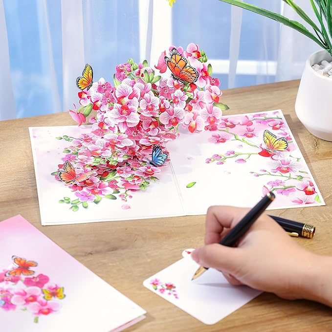 Orchids Flower Pop Up Birthday Card for Women, Wife; 3D Butterfly on Orchid Gift Card for Mother's Day, Thinking of You, Valentines, Thank You, All Occasion for Her, Mom, Sister, Grandma, Daughter