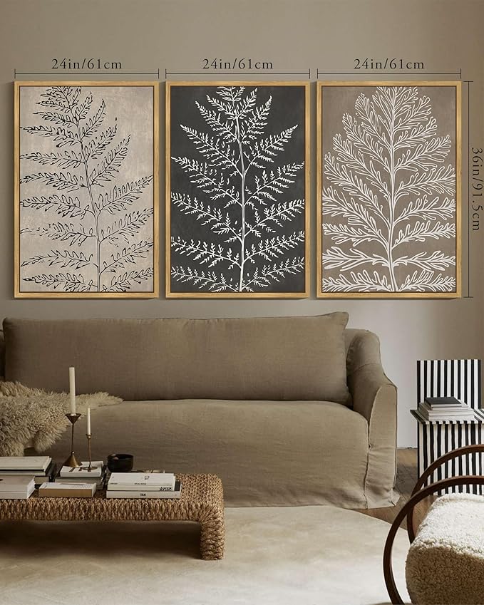 KUVIOKE Vintage Botanical Framed Wall Art Bohemian Tan Plant Leaf Wall Decor Nature Fern Plant Silhouette Wall Painting Home Decor 24x36in (Natural Framed)