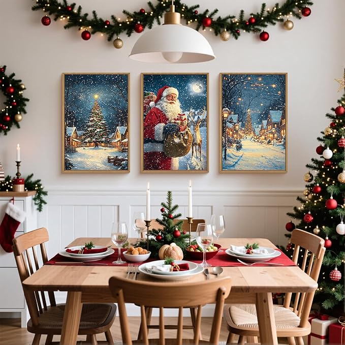KAIRNE Christmas Wall Art Set of 3, Santa Claus & Reindeer Artwork, Nostalgic Xmas Tree, Winter Village Scene Prints, Festive Holiday Decor for Living Room Bedroom Fireplace, 16×24 inch