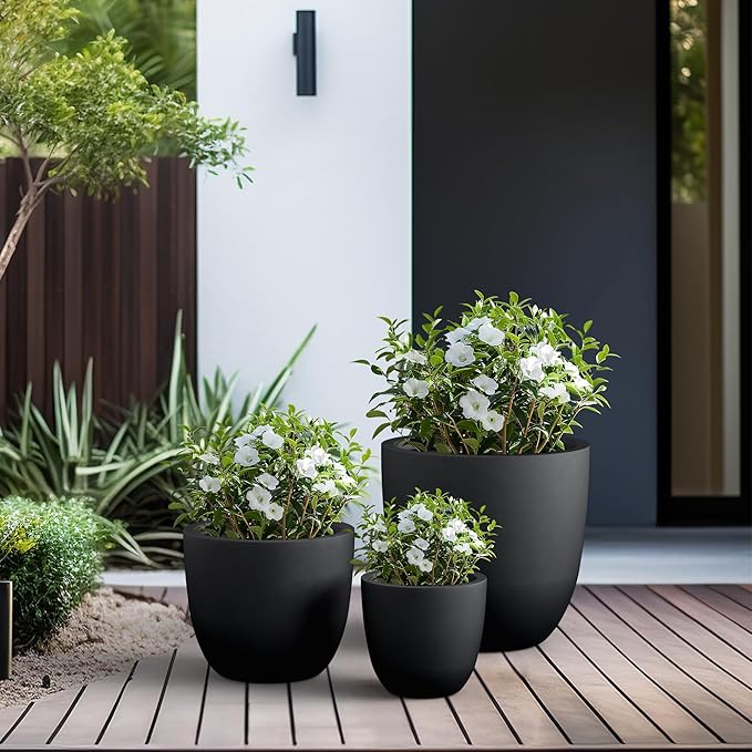 Kante 18",14",10" Dia Concrete Round Planters (Set of 3), Outdoor Indoor Large Planter Pots with Drainage Hole and Rubber Plug for Home Patio Garden, Black