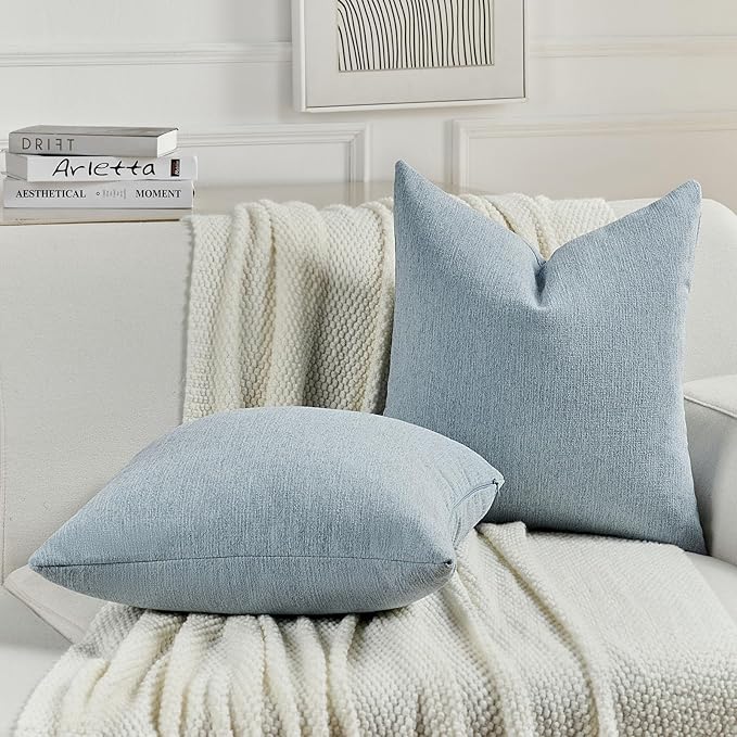 FUTEI Denim Blue Chenille Decorative Throw Pillow Covers 16x16 Inch Set of 2,Soft Cozy Faux Linen Textured Cushion Case,Farmhouse Home Decor for Couch Living Room