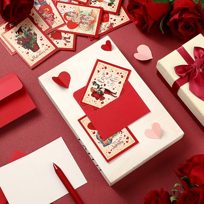 Yinder 24 Set Mini Vintage Valentines Day Cards with Envelopes Vintage Retro Valentines Day Greeting Cards Assortment for Wedding Party Anniversary Classroom Home Office Business Exchange