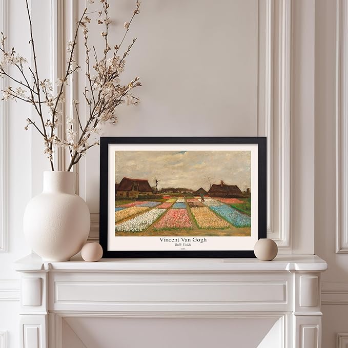 Monem Art Vintage Van Gogh Poster - Retro Bulb Fields Print - Flower Beds in Holland Art - Impressionism Art - Fine Art - Classic Painting Art - Great Bedroom Wall Decor - 8x10 Black Framed