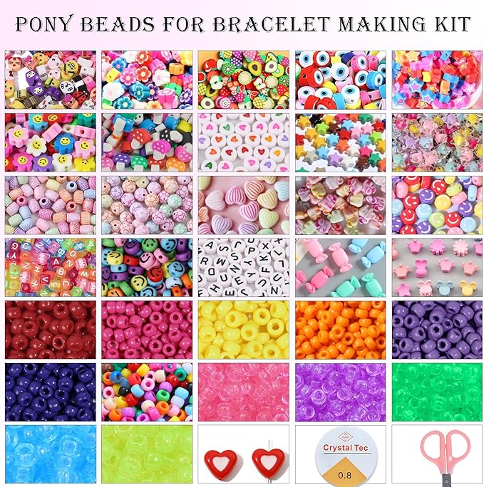 NixHush 1100 Bracelet Making Kit, Includes Pony Beads, Letter Beads, Soccer and Creative Clay Bead, Hair Clip Perfect for Making Bracelets and DIY Handmade Gifts