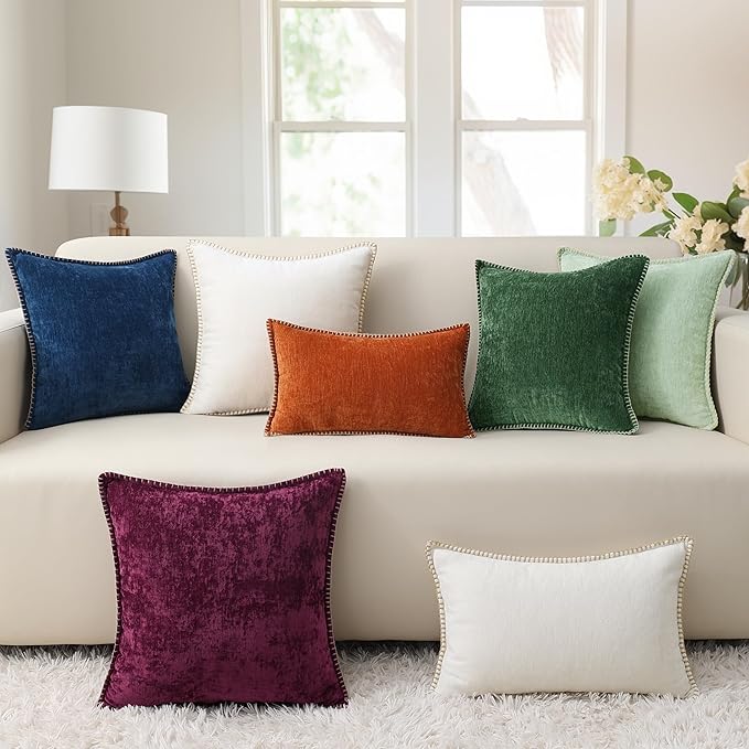 decorUhome Spring Chenille Soft Throw Pillow Covers 12x20 Set of 2, Lumbar Velvet Farmhouse Neutral Decorative Pillow Covers with Stitched Edge for Couch Sofa Bed Home Decor, Aqua Haze