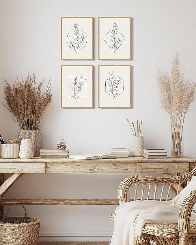 Drsoum Botanical Flower Boho Framed Wall Art Wooded Minimalist Aesthetic Floral Prints Farmhouse Retro Plants Rustic Bathroom Kitchen Home Decor Ready to Hang 11x14inx4pcs (Natural Framed)
