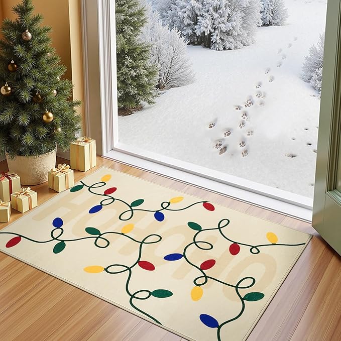jinchan Jingle Lights Christmas Rug 2x3 for Entryway Kitchen Small Beige Holiday Rug for Porch Bathroom Colored String Lights Winter Xmas Soft Festive Decor Washable Doormat for Bedroom Non Slip