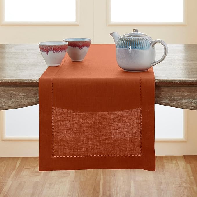Solino Home Linen Cinnamon Table Runner 156 Inches Long - 100% Pure Linen Extra Long Table Runner 14 x 156 Inch - Classic Hemstitch