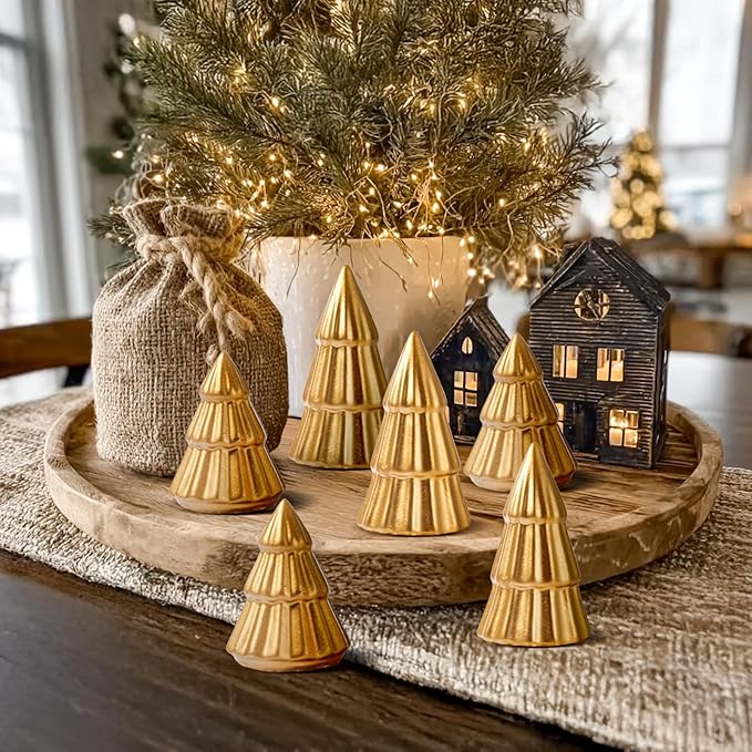 WDS WONDROUS Metallic Mini Christmas Trees Gold, Set of 6 Small Christmas Trees Figurine Tiered Tray Decor, Xmas Tabletop Decorations Table Centerpiece Office Mantel Shelf
