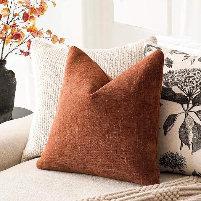 Foindtower Pack of 2 Soft Textured Throw Decorative Pillow Covers Square Accent Solid Cushion Cover Cozy Farmhouse Pillow Case with Zipper for Couch Sofa Bed Living Room 22x22 Inch, Burnt Orange