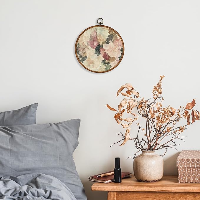KSDUT Vintage Flower Floral Wall Decor Art - Botanical Neutral Wall Art Canvas Frame Hanging Prints, Retro Landscape Wildflower Round Wall Art Decor for Home Decorations 10"x10"