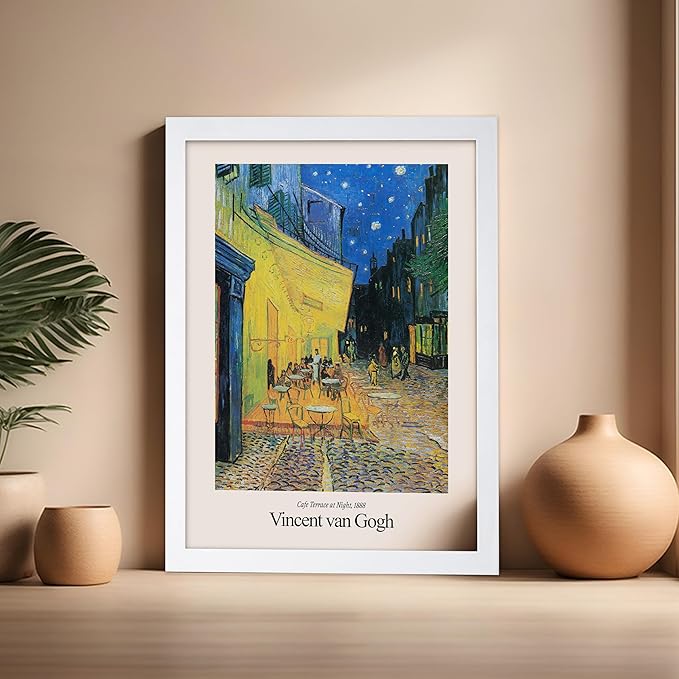 Monem Art Vintage Van Gogh Poster - Retro Impressionist Print - Cafe Terrace at Night, Arles, Stars, Aesthetic - Gift for Artist, Friend - Wall Decor for Home, Office, 16x20 White Framed