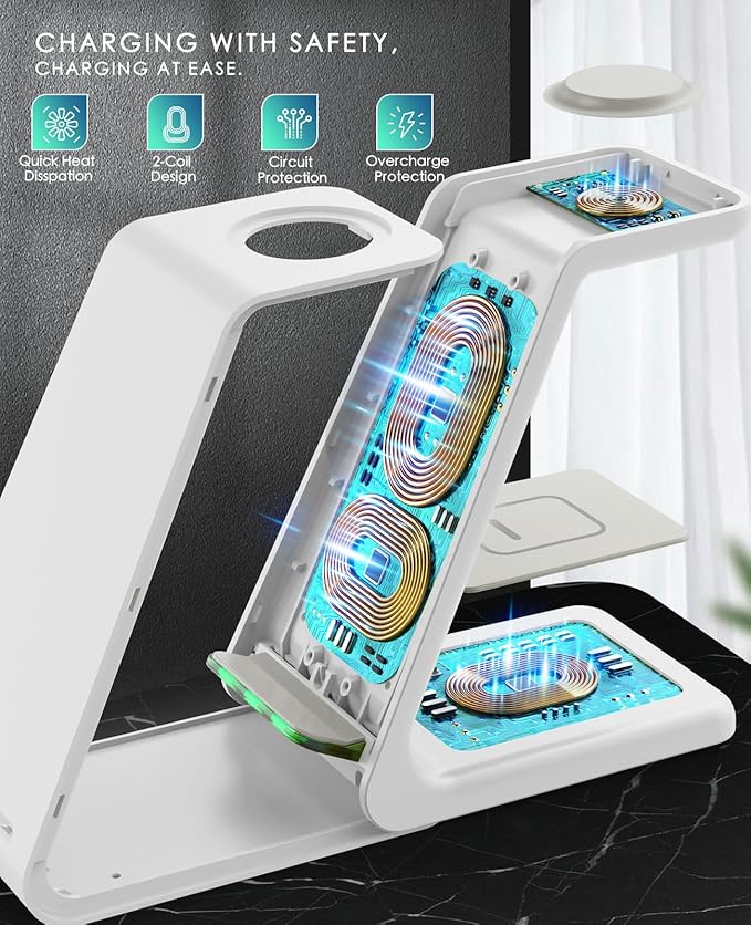 3 in 1 Wireless Charging Station, 2025 Upgraded Fast Desk Charger Station for iPhone 17 16 15 14 13 12 Pro Max Plus, Charger Stand for Apple Watch 11 10 9 8 7 6 5 4 3 2 Ultra SE, Airpods 4 3 2 Pro
